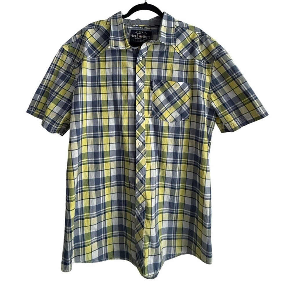 Ecko Unltd Mens 2XL Plaid Short Sleeve Button-Up Shirt Pocket